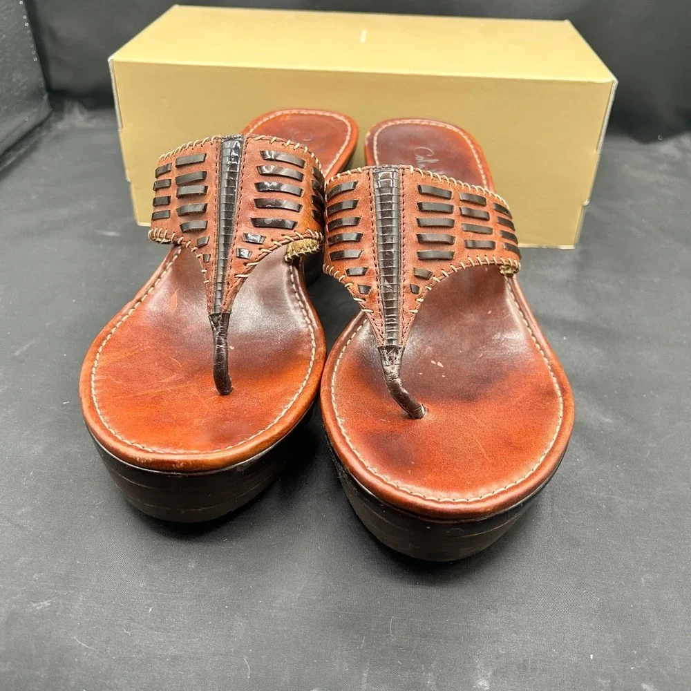 Cole Haan NikeAir Brown Leather Wedge Sandals Whipstitch Thong Platform 8B
